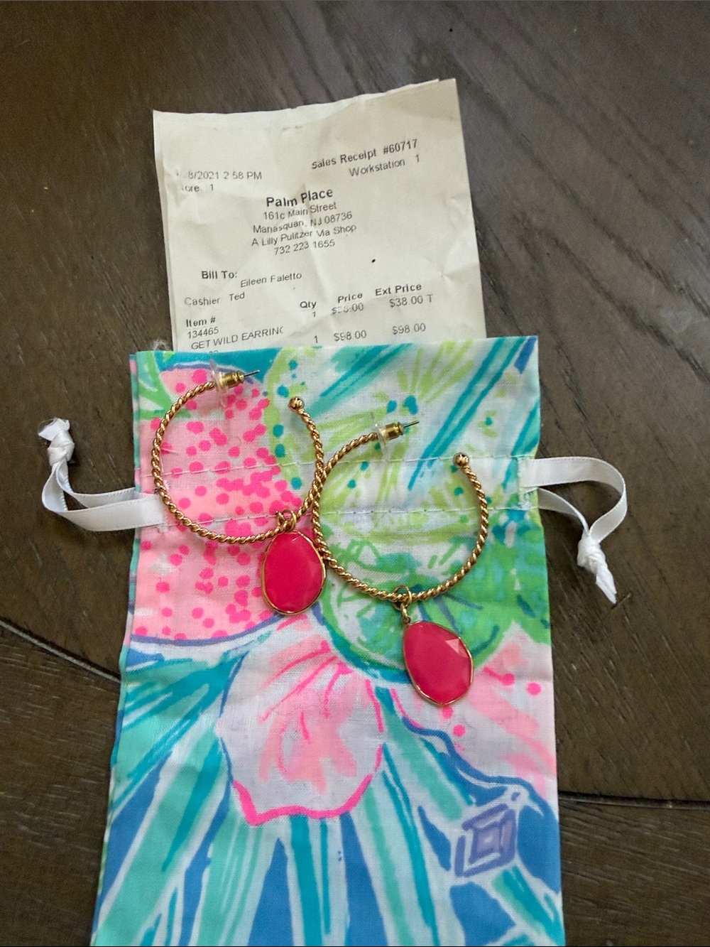 Lilly Pulitzer Gold Hoop Earrings with Pink Gem Drops